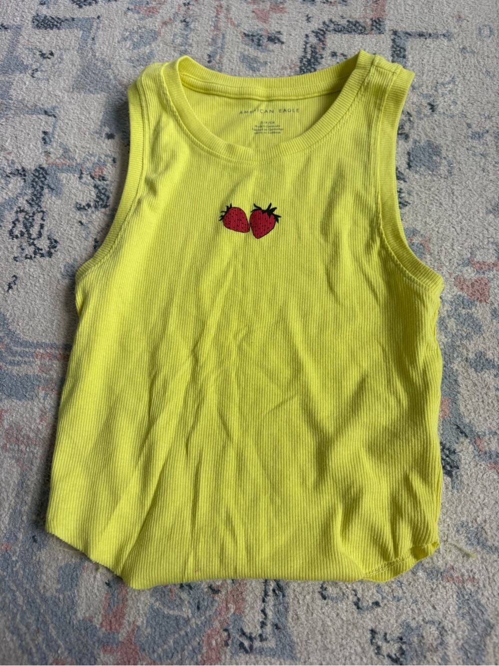 American Eagle Outfitters Neon Yellow Ribbed Tank with Strawberry Embroidery